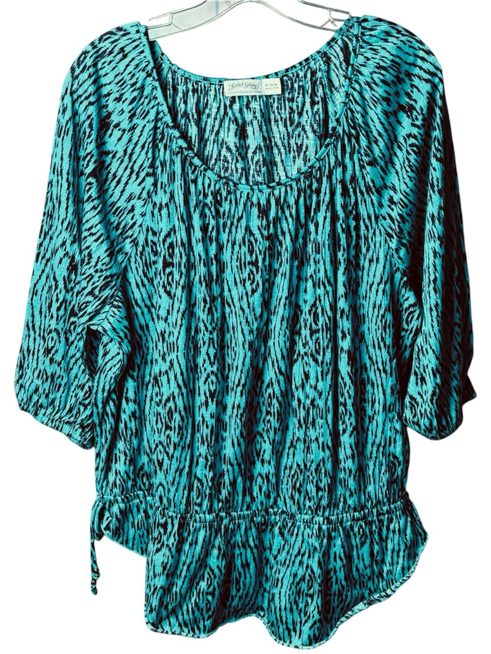 Women's Faded Glory colorful 3/4 sleeves aqua blouse with elastic near hem.